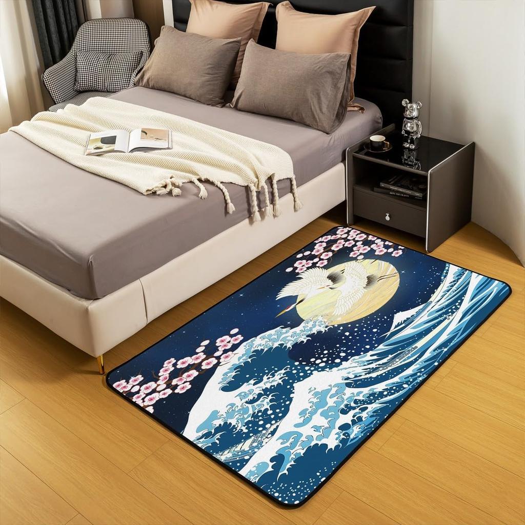 Japanese Ukiyo-e Great Wave Crane & Cherry Blossom Print Area Rug, Non-Slip Floor Mat for Living Room Bedroom Home Decor Carpet