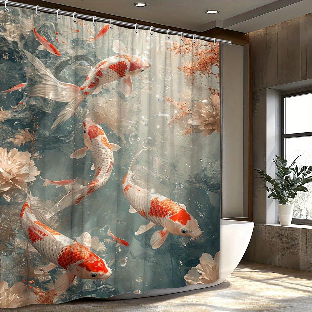 1pc Graceful Koi Fish Shower Curtain with Serene Underwater Scene, Shower Curtain Sets for Bathrooms