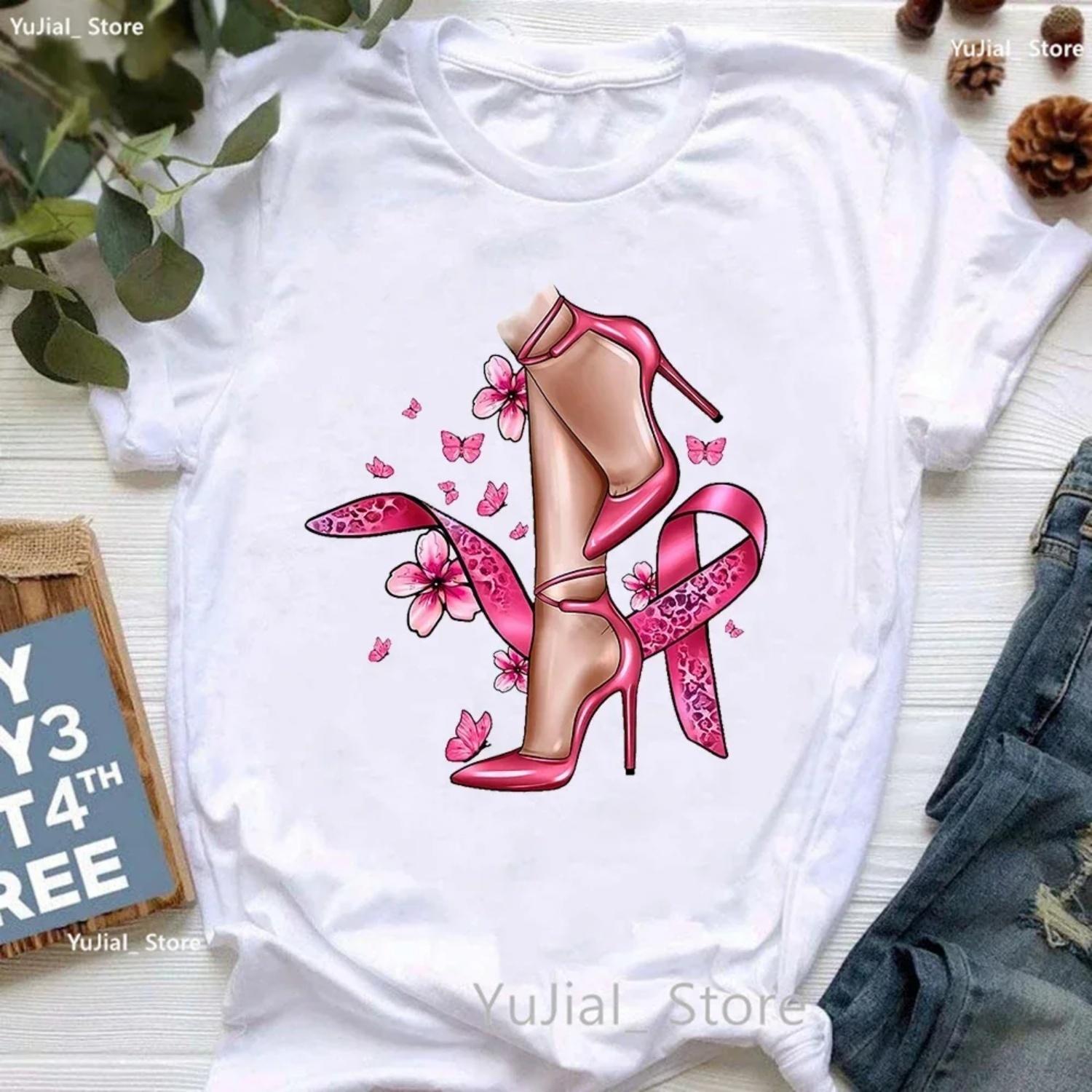 Breast Cancer Awareness Printed T-shirt Women s Pink High Heels T-shirt Women s Summer Short Sleeve T-shirt XXXXXL белый