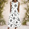 Women Plus Size Round Neck Sleeveless White Blue Floral Printed A Line Maxi Dress With Side Pockets