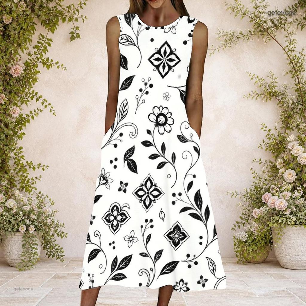 Women Plus Size Round Neck Sleeveless White Blue Floral Printed A Line Maxi Dress With Side Pockets