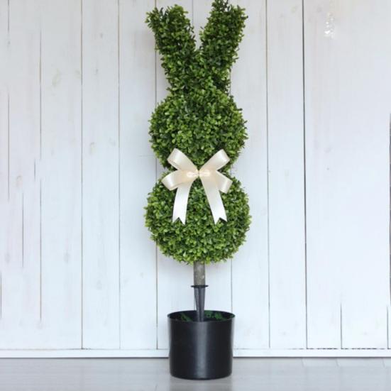 Easter Bunny Topiary Tree Garden Stake Rabbit Shaped Artificial Topiary with Bow Indoor Outdoor Porch Easter Holiday Party Decoration