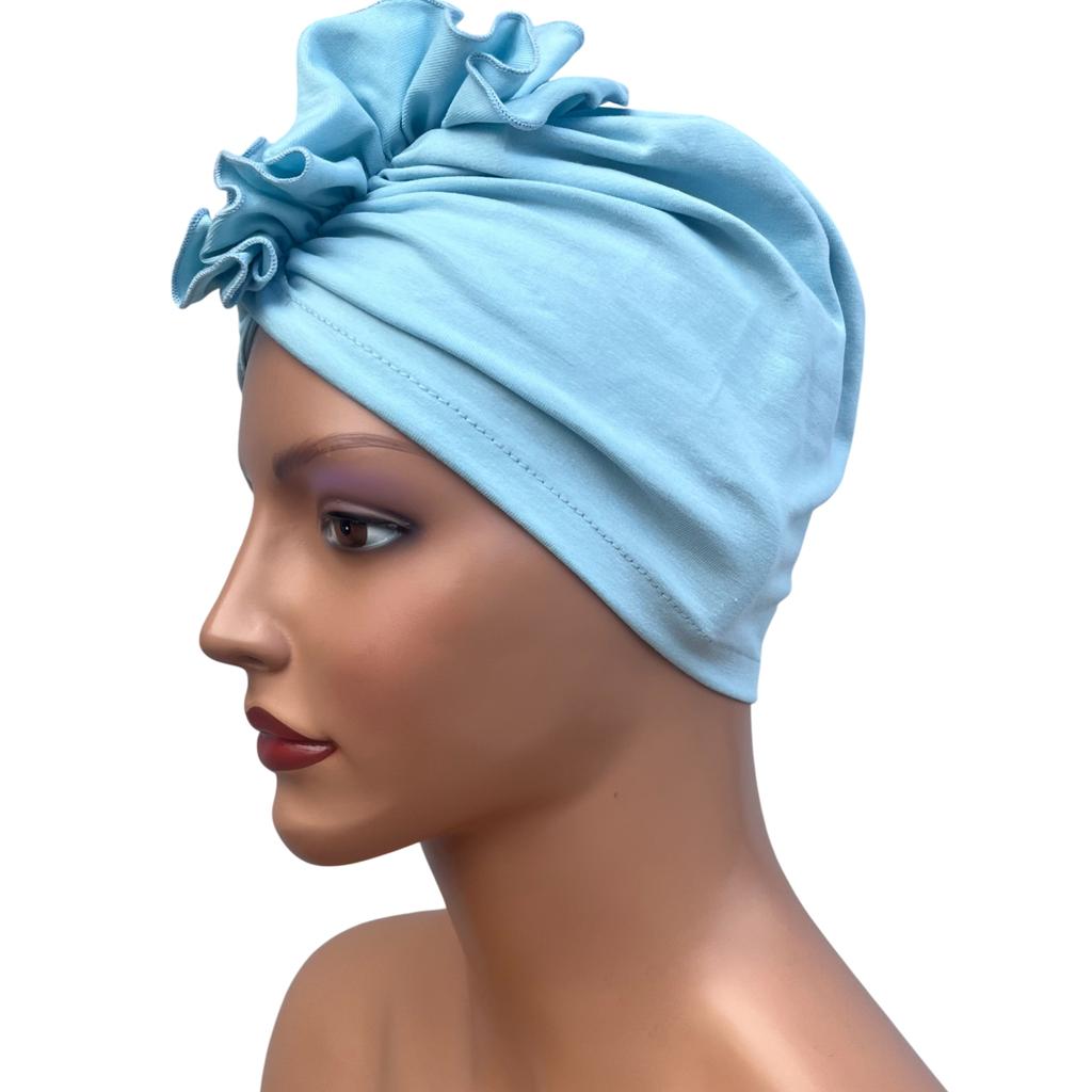 Turban Damski Wiosenny Luba Baby Blue Z Falbanką Lekki I Wygodny Z Bawełny