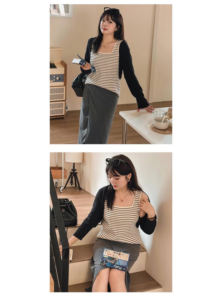 Wide-Strap Plus Size Square Neck Striped Knit Camisole