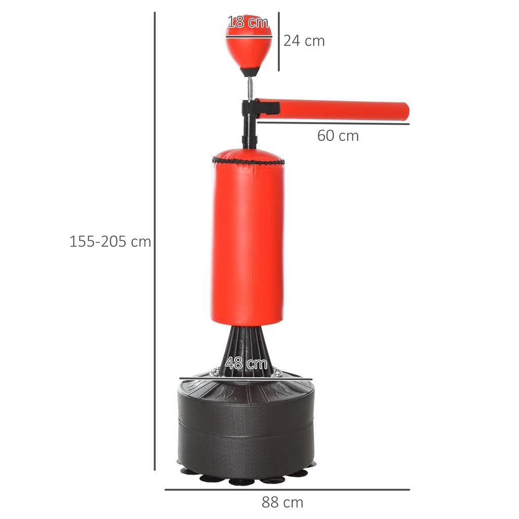 155-205 cm 3v1 Samostatný stojan na boxovací pytel, Boxerský rychlostní trenér s otočným flexibilním ramenem, Rychlostní míč, Plnitelná základna, Červený