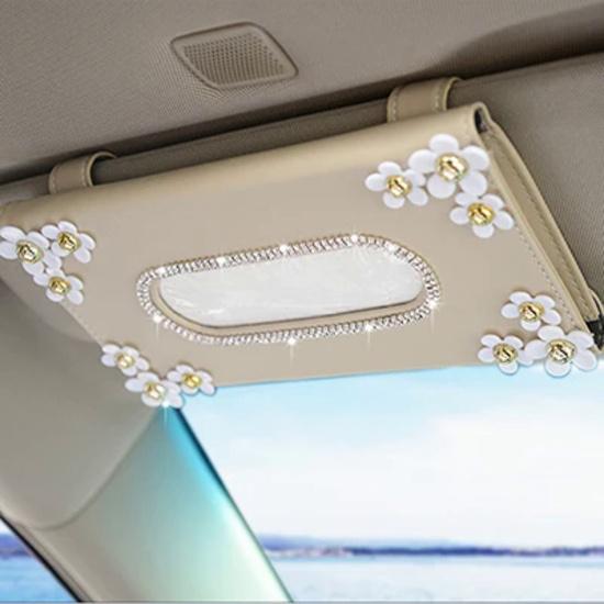 1 Pcs Car Crystal Paper Box with Chrysanthemum Crystal Tissue Box Cae Interior Decoration Accessories for Sun Visor Type