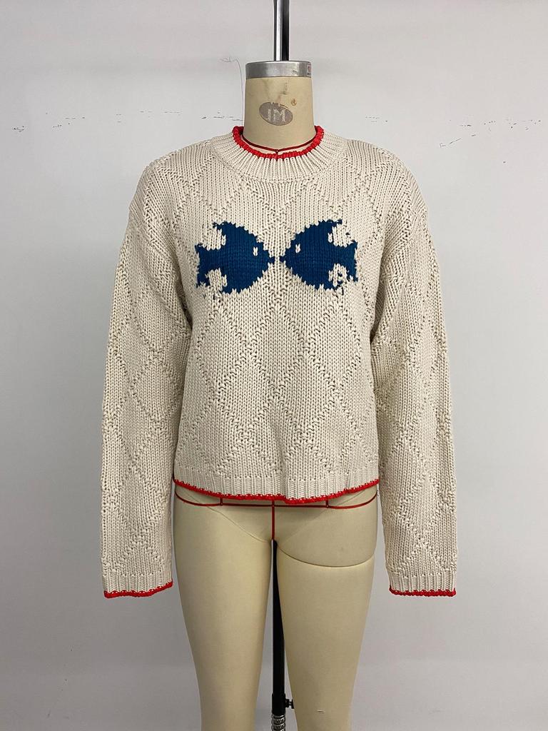 Women's Autumn/Winter Knit Jacquard Sweater - Round Neck, Color-Block Trim, Fish Design