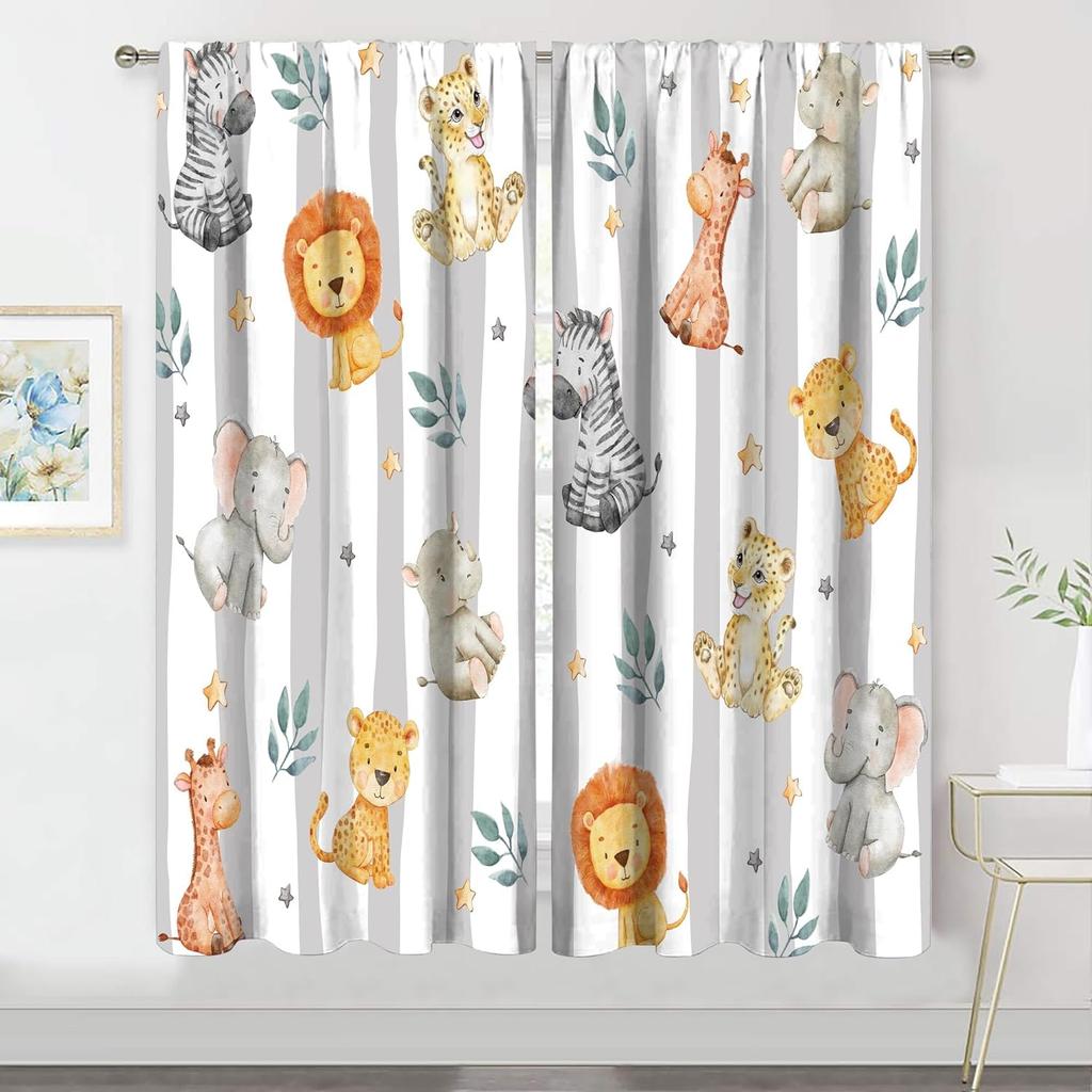 Kids Safari Curtains Rod Pocket Cute Cartoon Animals Baby Boy Nursery Bedroom Decor Woodland Jungle Lion Elephant Curtains For