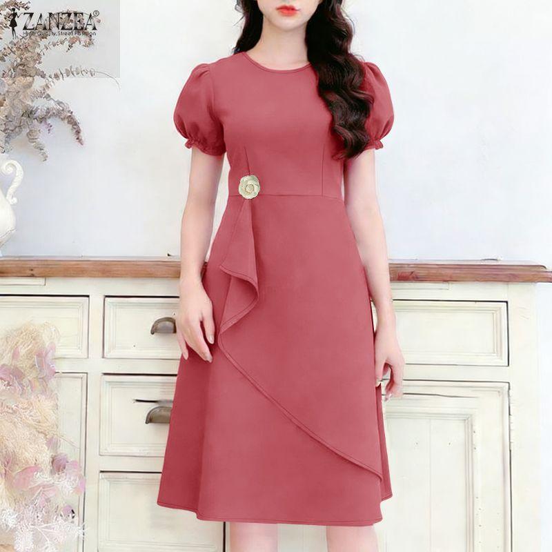 ZANZEA Women Casual Round Neck Summer Short Sleeve Dress