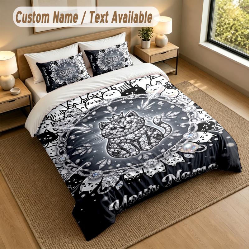 Cat Theme Personalized 3Pcs Bedding Set Custom Text & Name 1 Sheet 2 Pillowcases Household Bedding 1pc