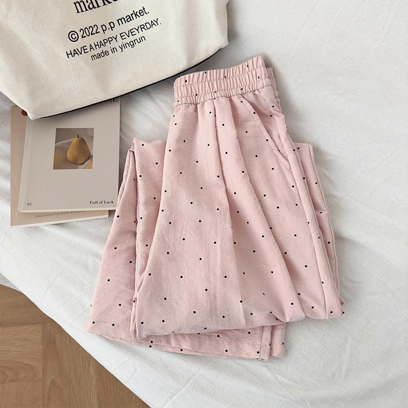 

Черные брюки в горошек, тонкие, прямые, с завышенной талией, повседневные, женские, летние, свободные, с эластичной талией, прямые брюки XL розовый