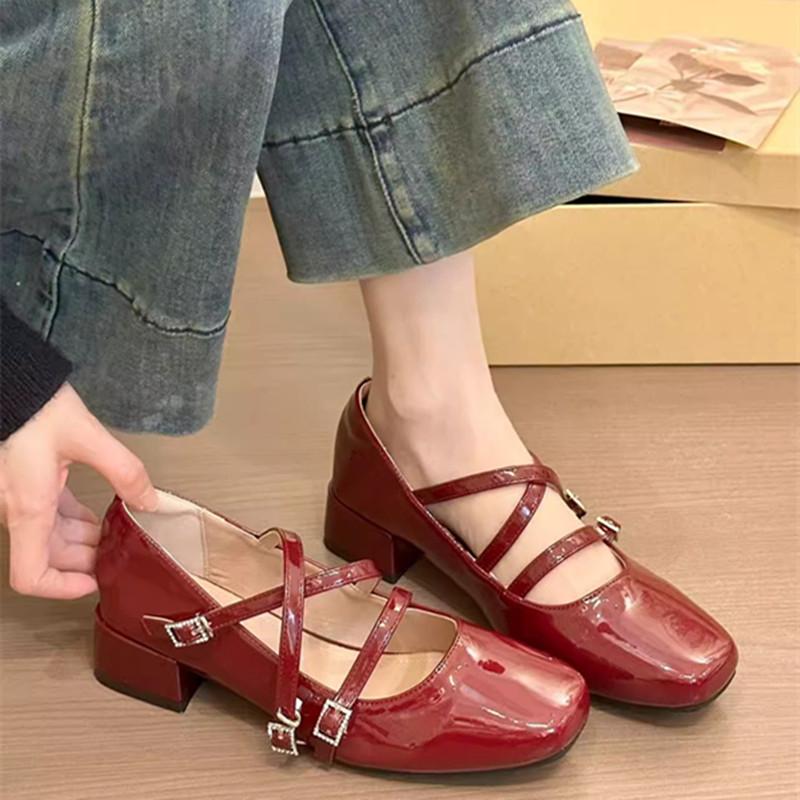 Fashion Women's Coarse Heel Shoes Spring New Square Head Shallow Mouth Patent Leather Crystal Buckle Anti-slip Wear-resistant Heel Shoes