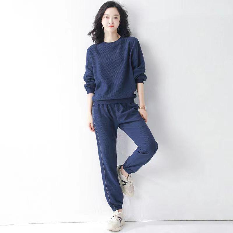 Women's Grey Waffle Textured Hoodie Set - Korean Style, Loose Fit, Spring/Autumn Two-Piece Casual Wear.
