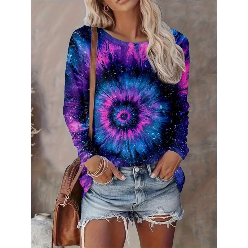 Abstract Tie-Dye 3D Digital Print Loose Fit Womens Crew Neck Long Sleeve T-Shirt Casual Comfort Top