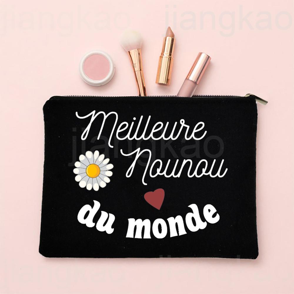 I Love My Nanny French Print Makeup Bag Travel Toiletries Organizer Pouch Women Cosmetic Case Zipper Bags Thanks Gift for Nounou