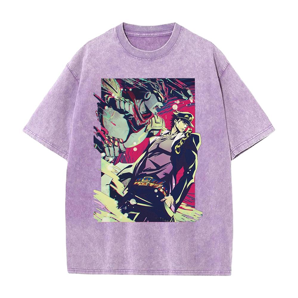 JoJo's Bizarre Adventure Jotaro Kujo Graphic T Shirt Men Women Washed Cotton Tshirts Vintage Casual Clothing Anime Streetwear