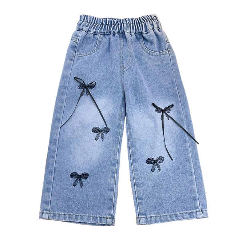 Dívčí podzimní móda 2025 Mašle Rovné džíny - Korejský styl Všestranné kalhoty pro malé holčičky