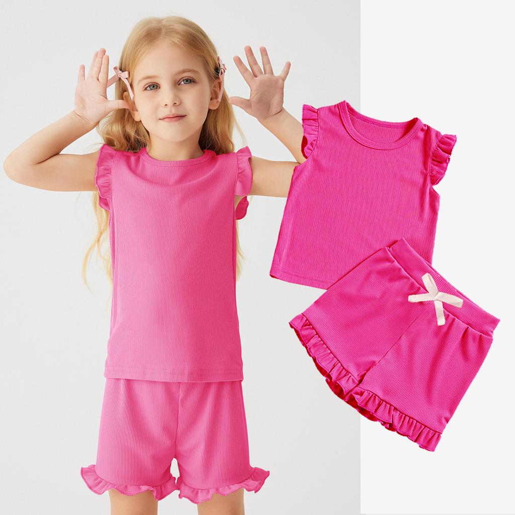 Girls' Solid Color Short Sleeve Shorts Set 2025 Summer Children's Fashion Set