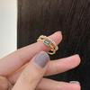 Huitan Korean Style Double Layer Finger Ring For Women Green Cz Geometric Shape Fashion Versatile Opening Rings  New Jewelry