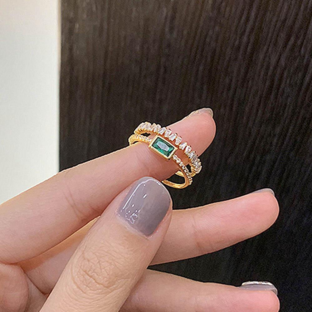 Huitan Korean Style Double Layer Finger Ring For Women Green Cz Geometric Shape Fashion Versatile Opening Rings  New Jewelry