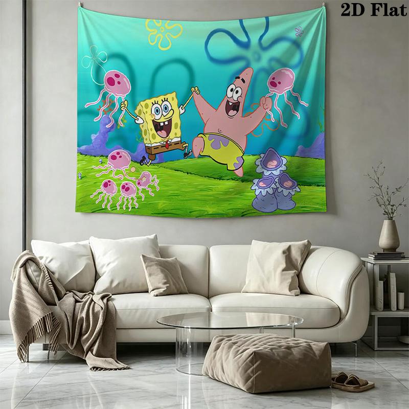 Cartoon Spongebob Wall Tapestry Aesthetic Wall Hanging Printed Fabric Blanket Decorative Tapestries for Bedroom Living Room Home Decor