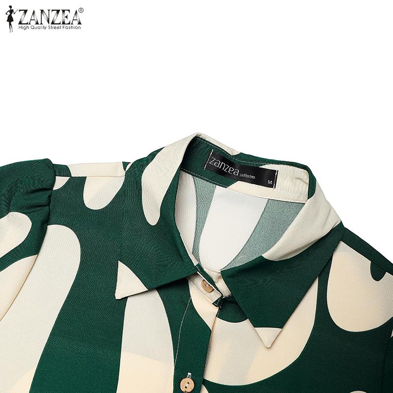 ZANZEA Women Casual Turn Down Collar Short Sleeve Print Dress