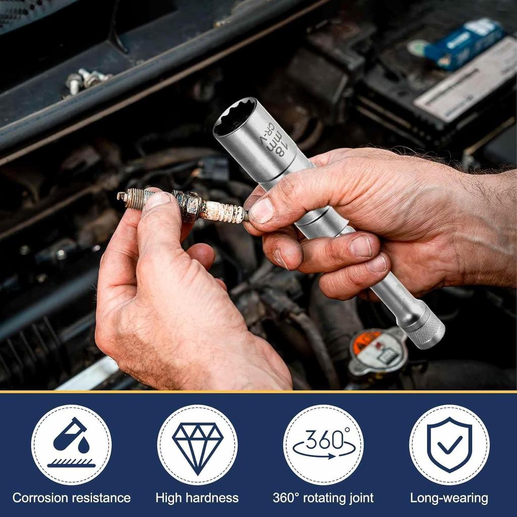 HARFINGTON 2pcs Spark Plug Socket Set 3/8" Drive 18mm Swivel Magnetic 12 Point Thin Wall Spark Plug Socket with 360 Degree Swivel CR-V Steel, Silver