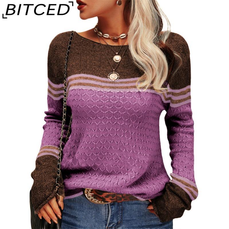 

BITCED Осень/Зима Женский Элегантный Пуловер для Поездок на Работу на Шнуровке, Вязаный Свитер с Длинным Рукавом в Полоску и Цветовыми Блоками, с Круглым Вырезом XXXL фиолетовый