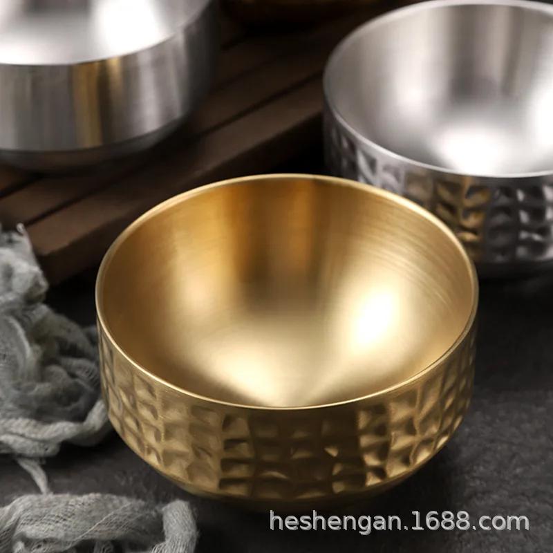 Golden dessert 304 stainless steel bowl, hammer pattern household double insulation children's soup bowl.