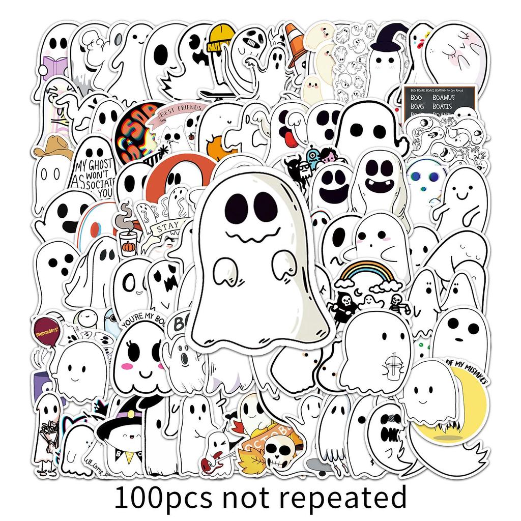 100 Unique Cartoon Ghost Graffiti Stickers for Halloween - Perfect for Suitcases, Scooters, Refrigerators, and Cars
