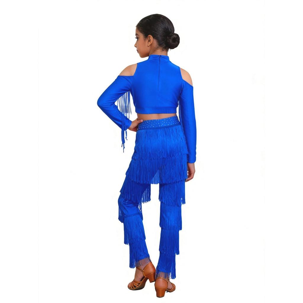 Set de pantaloni cu franjuri pe straturi pentru fete Talie elastică Crop top cu strasuri strălucitoare Ținută Latină