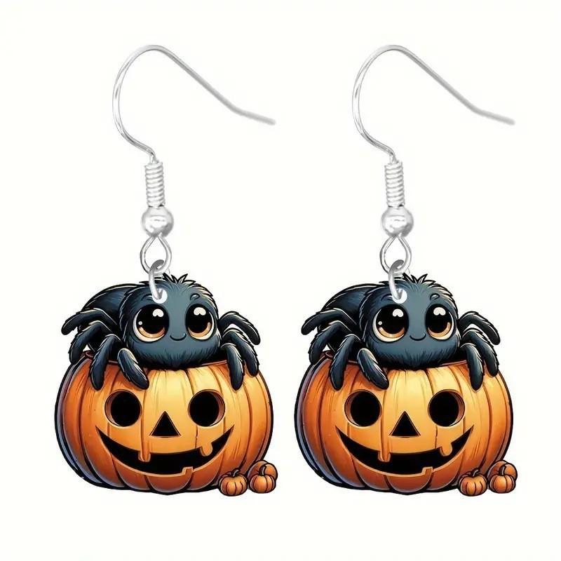 Halloween Themed Earrings Featuring Each Cat Demon Pumpkin And Skull Pattern For Festive Look