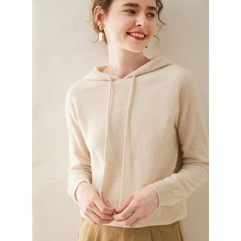 Women's Pure Cashmere Solid Color Hoodie, Warm and Thick, Loose Fit for Autumn and Winter