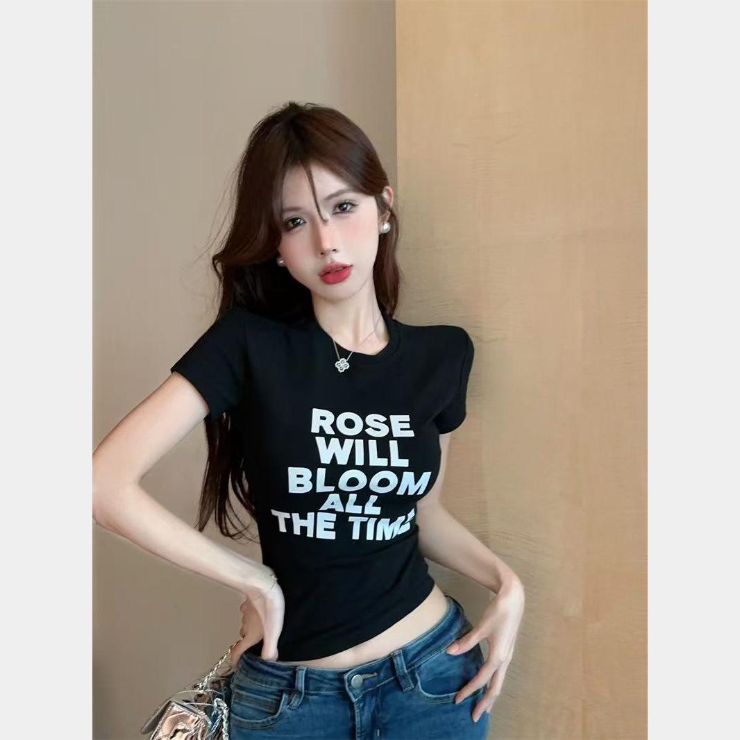 

Letter Slim Short Sleeve T-Shirt Women s Spring and Summer New Korean Casual Skinny Black Bottom Shirt Women s Top 2XL