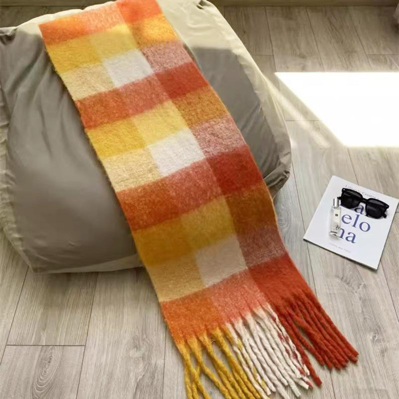 White cream blue and white plaid mohair scarf women's versatile shawl fluffy warm scarf