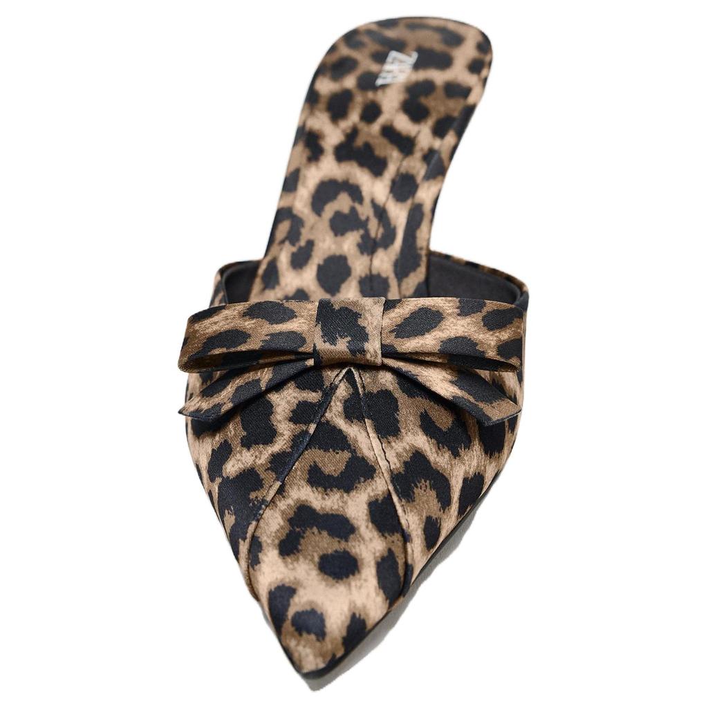 Zara Minimalist Comfortable Versatile High Heel Printed Bow Decorated Pointed Toe Mule Sandals Women Footwear Leopard-Print 1352510-38