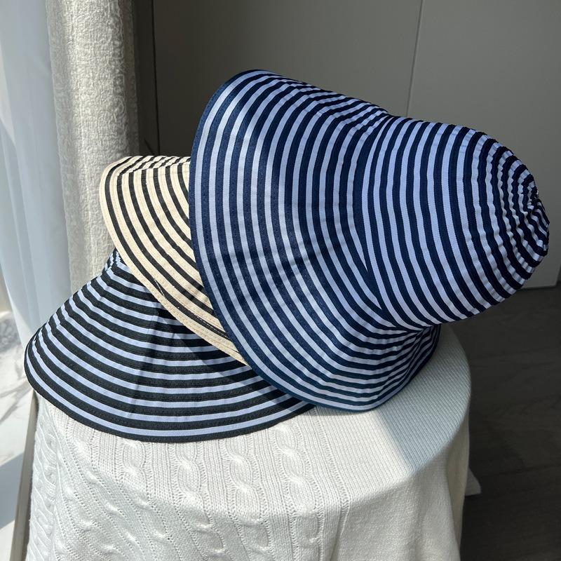 Foldable summer striped bucket hat women's new long sunscreen hat fashion basin hat big head circumference sun hat