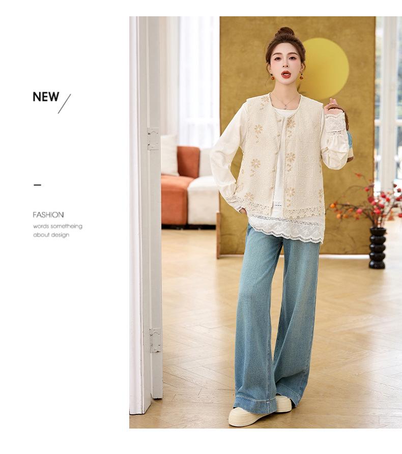 Spring 2025 Women's Lace Patchwork Shirt and Embroidered Cardigan Vest Set