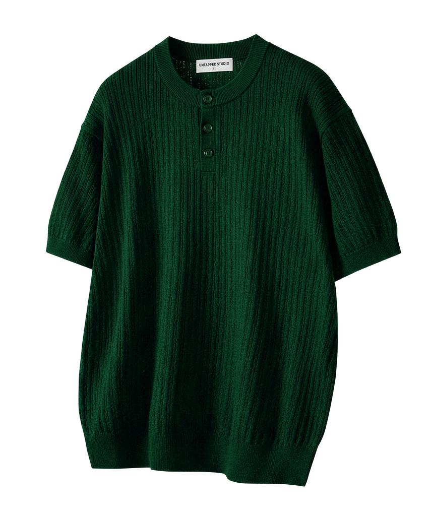 UNTAPPED STUDIO [2Pack] Washable Cool Cotton Henley Neck Round Short Sleeve Knit 5 Colors (B Type)