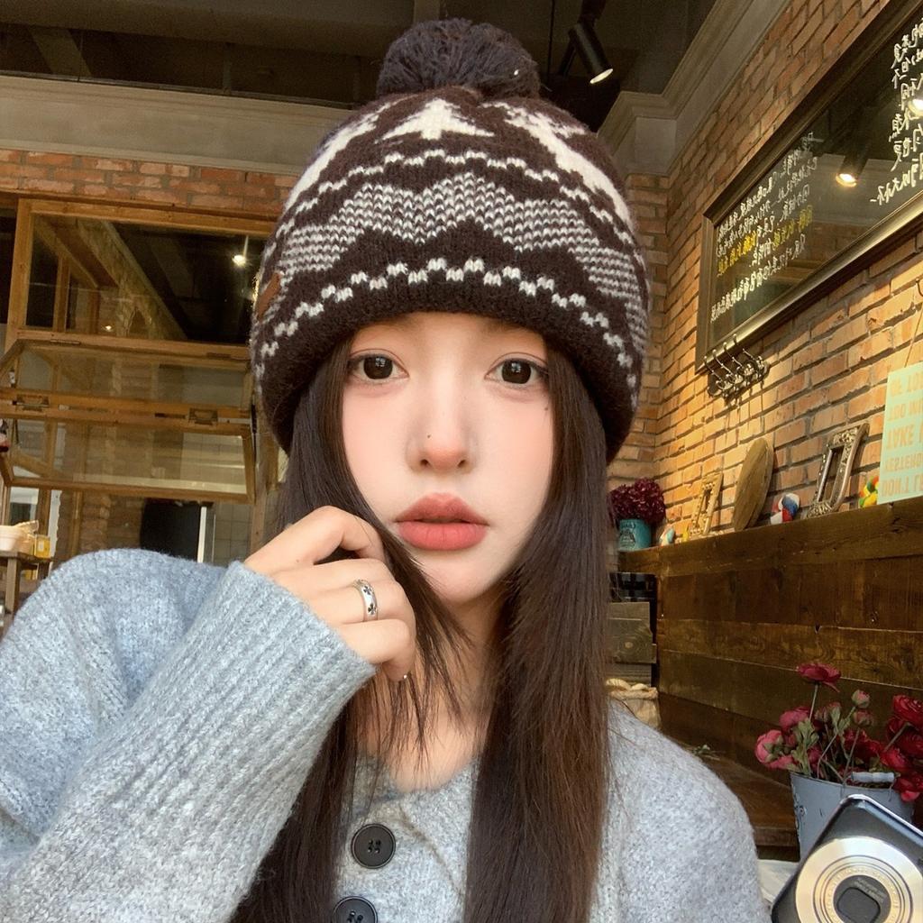 Red Deer Fur Ball Knitted Woolen Hat for Women New Autumn and Winter Face Showing Small Warm and Cold Proof Ear Protection Hat