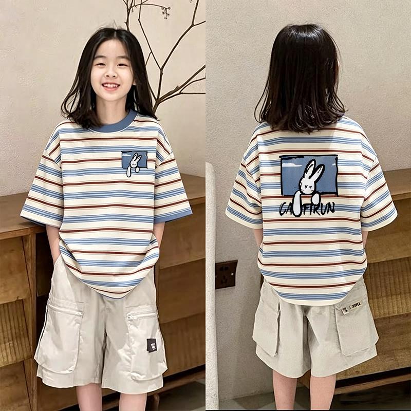 Girls' Korean Style Color Block Stripe Short Sleeve T-shirt