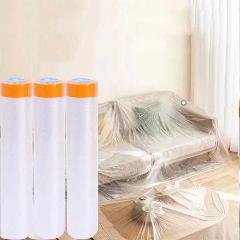 Disposable Cuttable Dust Film Self-adhesive Dustproof Film Car Paint Masking Tape For Furniture Dust Protection-12m Length