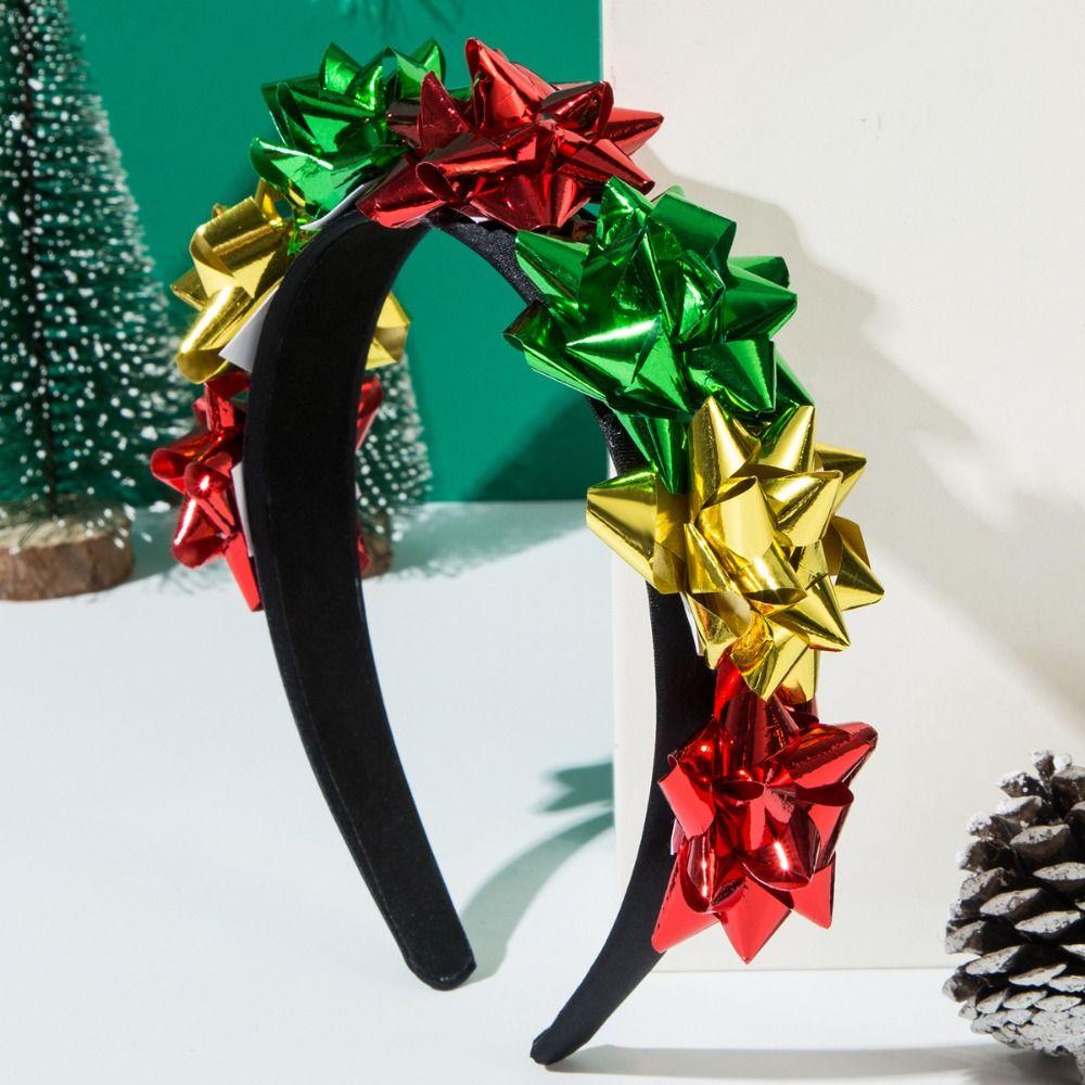 Pull Bows Merry Christmas Headband Shiny Xmas Star Ribbon Hairband Wrap Bow Hair Hoop  New Year