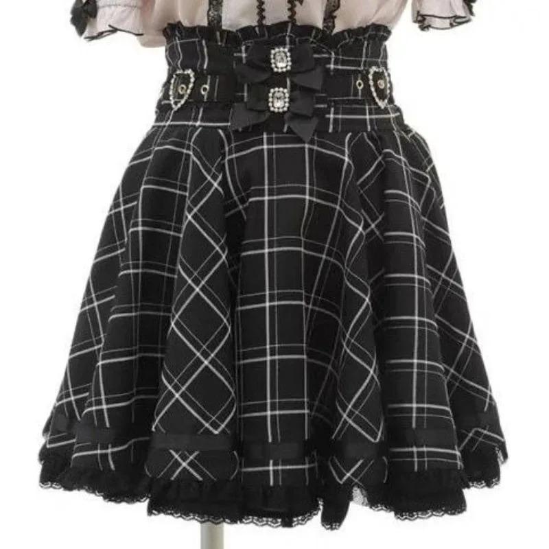 Japanese Sweet Lolita Style Mini Skirt Women Elegant Lace Bandage Party Cake Skirts Female Gothic Y2k Metal Buckle Skirt