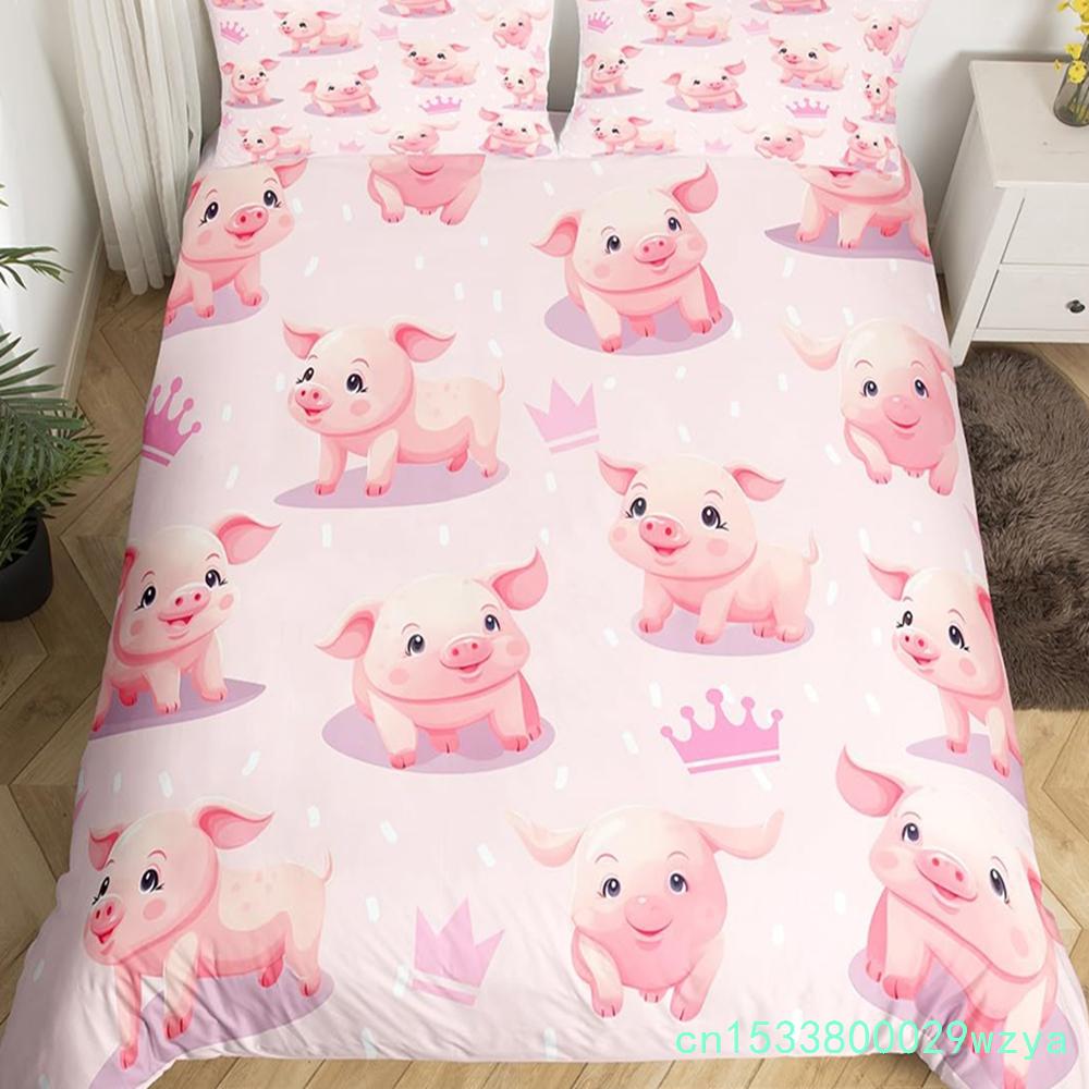 Pink Pig Bedding Set King Queen Sleeping Pig Duvet Cover For Kids Boys Girls Kawaii Animals Comforter Cover With 2 Pillowcases