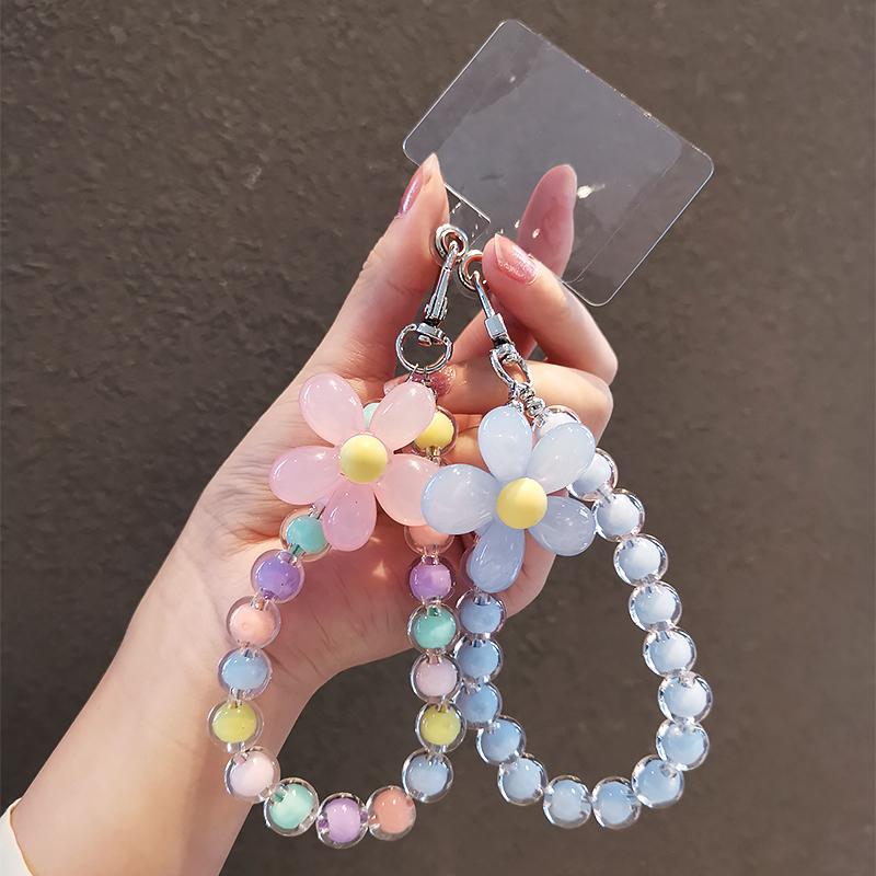 1PC Phone Anti-lost Lanyard Key Short Wrist Pendant Colorful Macaron Round Bead Pendant Women's Hand-held Chain Mobile Phone Lanyard
