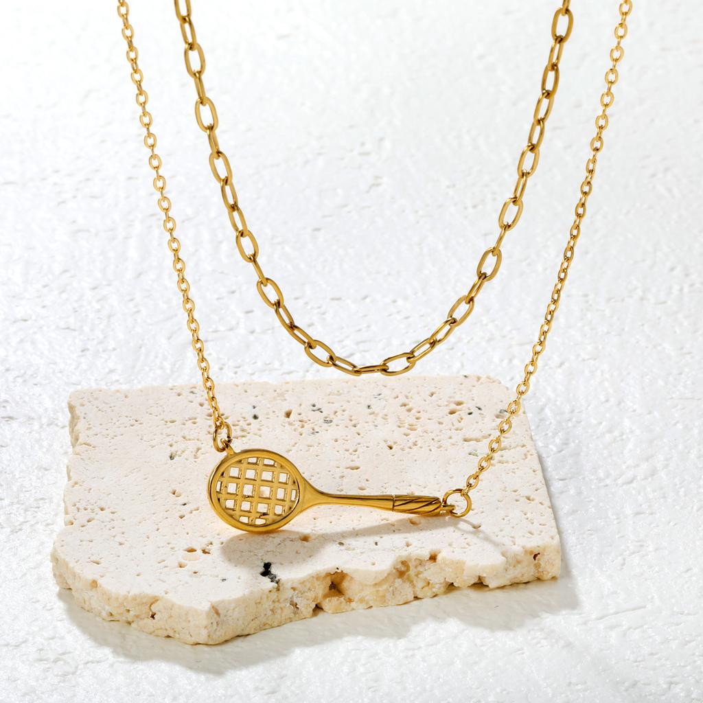 Sports style mini badminton racket necklace, simple and high-end stainless steel pendant, collarbone chain, double-layer stacked necklace.