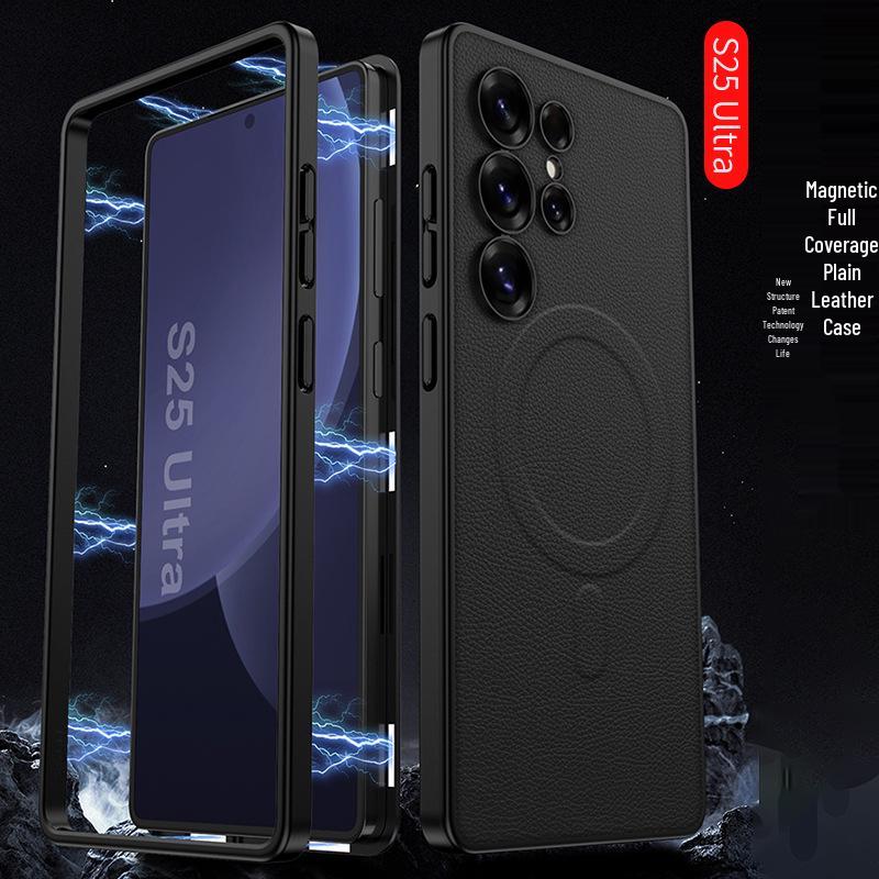 S25ULTRA Phone Case: Cross-Border Leather, Magnetic, Wireless Charging, 2-in-1 Protection