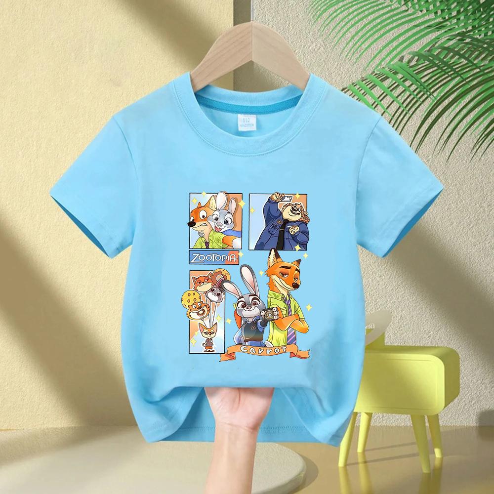 Kids Disney Zootopia Nick And Judy Round Neck T-shirt Casual Fashionable Comfortable Loose Short Sleeve Clothing for Children