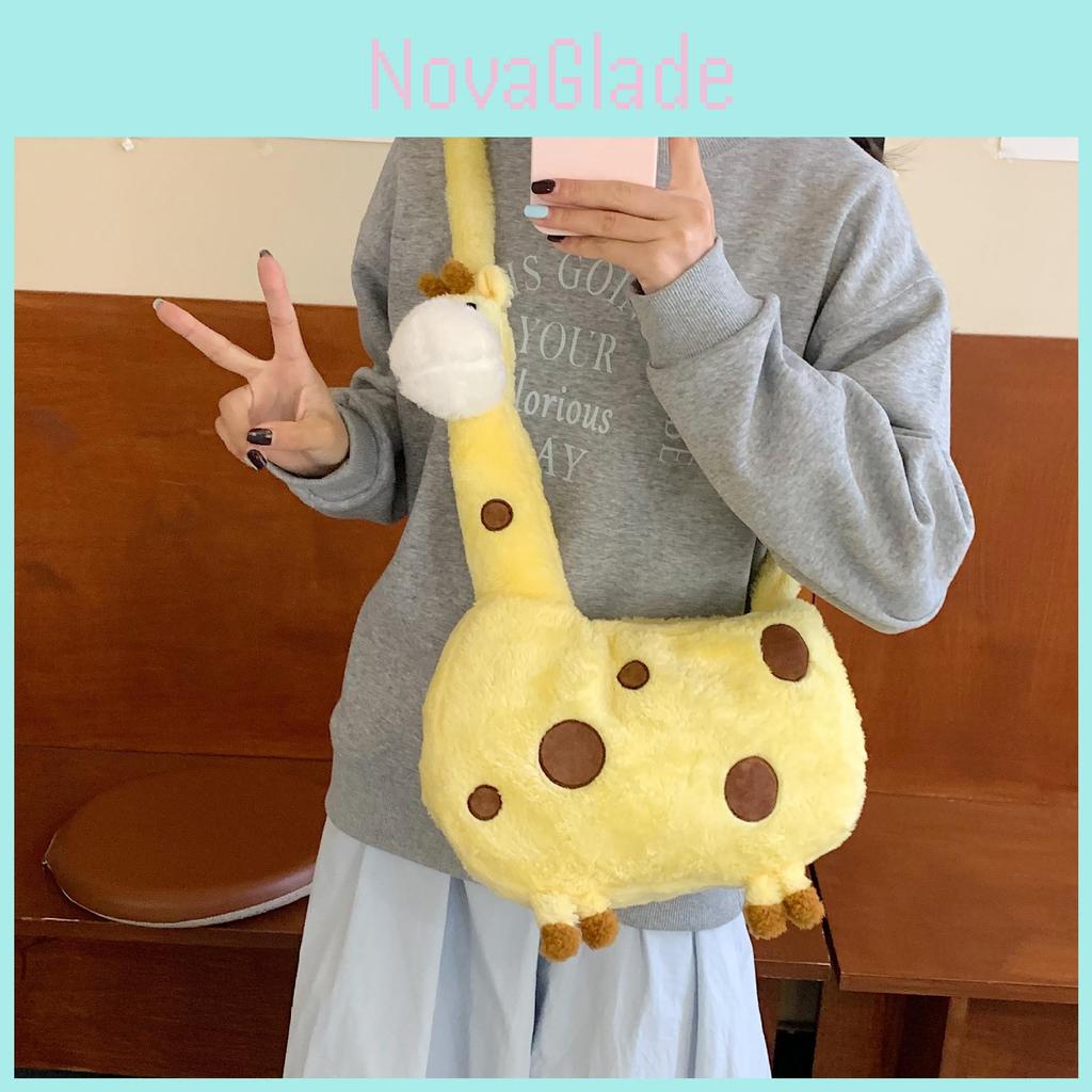 Giraffe Plush Bag For Girls Soft Fur Shoulder Purse With Zipper Closure For Daily Use